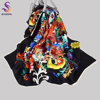 BYSIFA|Negru Real Eșarfă de Mătase Damele de Lux, Floral Colorat Pătrat Mare Eșarfe Imprimate Toamna Iarna Gât Eșarfă Șal MuslimHijab